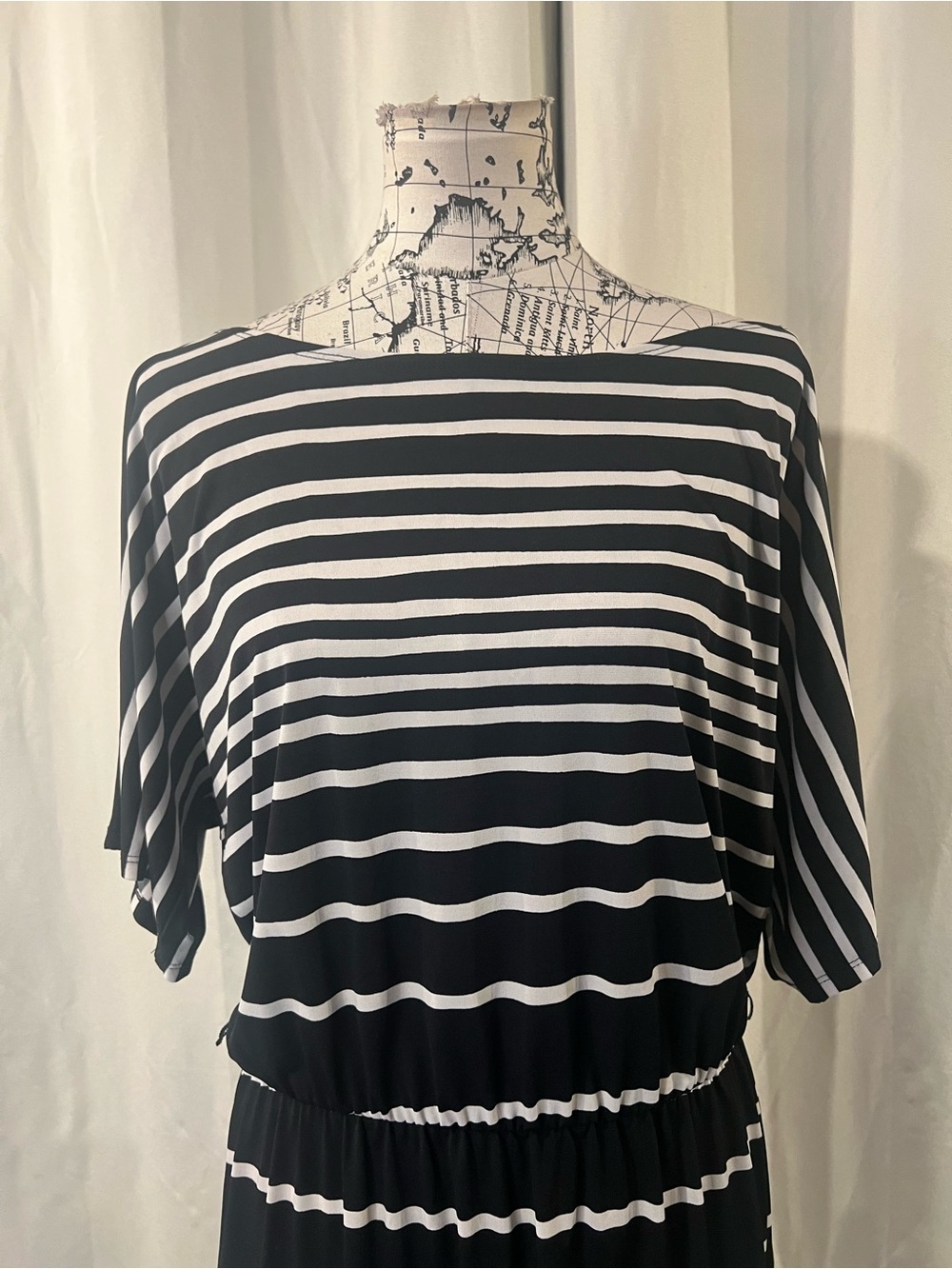 Perceptions Striped Black and White Elastic-Waist Midi Dress - Picture 2 of 10
